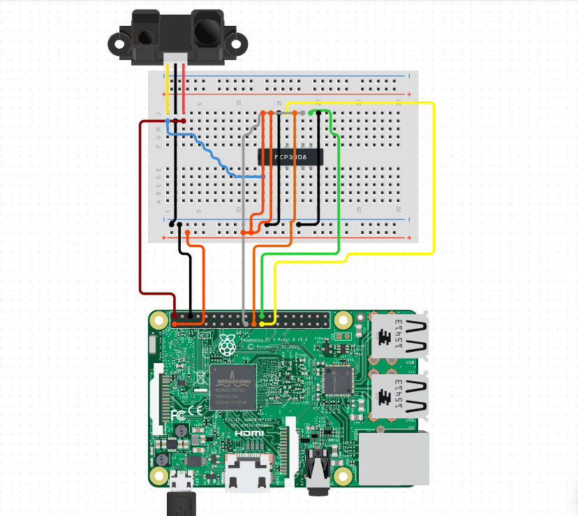 Wiring Diagram for the MCP3008, Raspberry Pi, and Sharp IR distance sensor